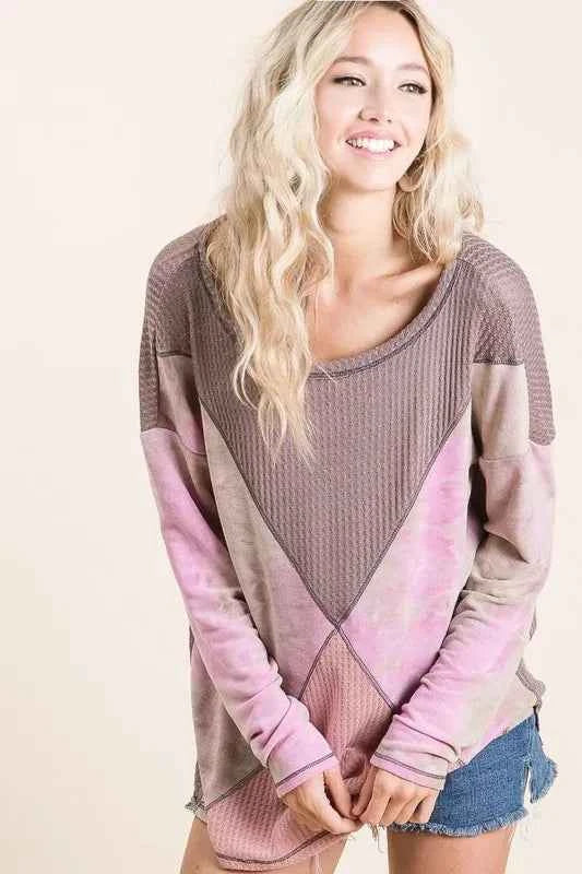 BiBi Thermal Waffle Color Block Top with Tie Dye 90541f18e6b34234bcc455f40b158362-Max-Origin