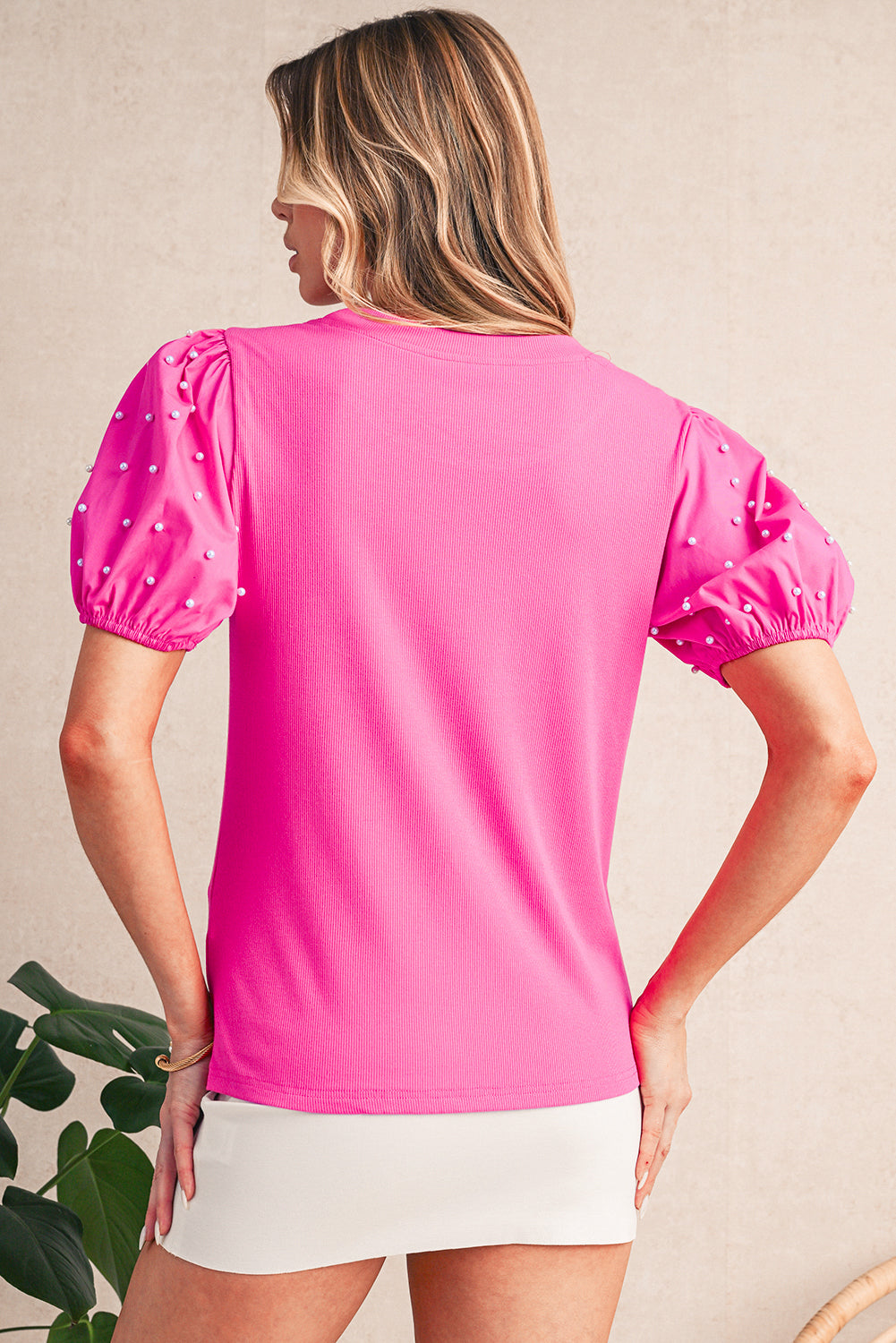Bright Pink Pearl Beaded Puff Sleeve Ribbed Top 905d2c8d42d0dda6