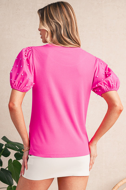 Bright Pink Pearl Beaded Puff Sleeve Ribbed Top 905d2c8d42d0dda6
