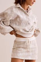 White Abstract Woodland Print Balloon Sleeve Pullover Drawstring Mini Skort Set White 100%Polyester 905d37d3d09bab63