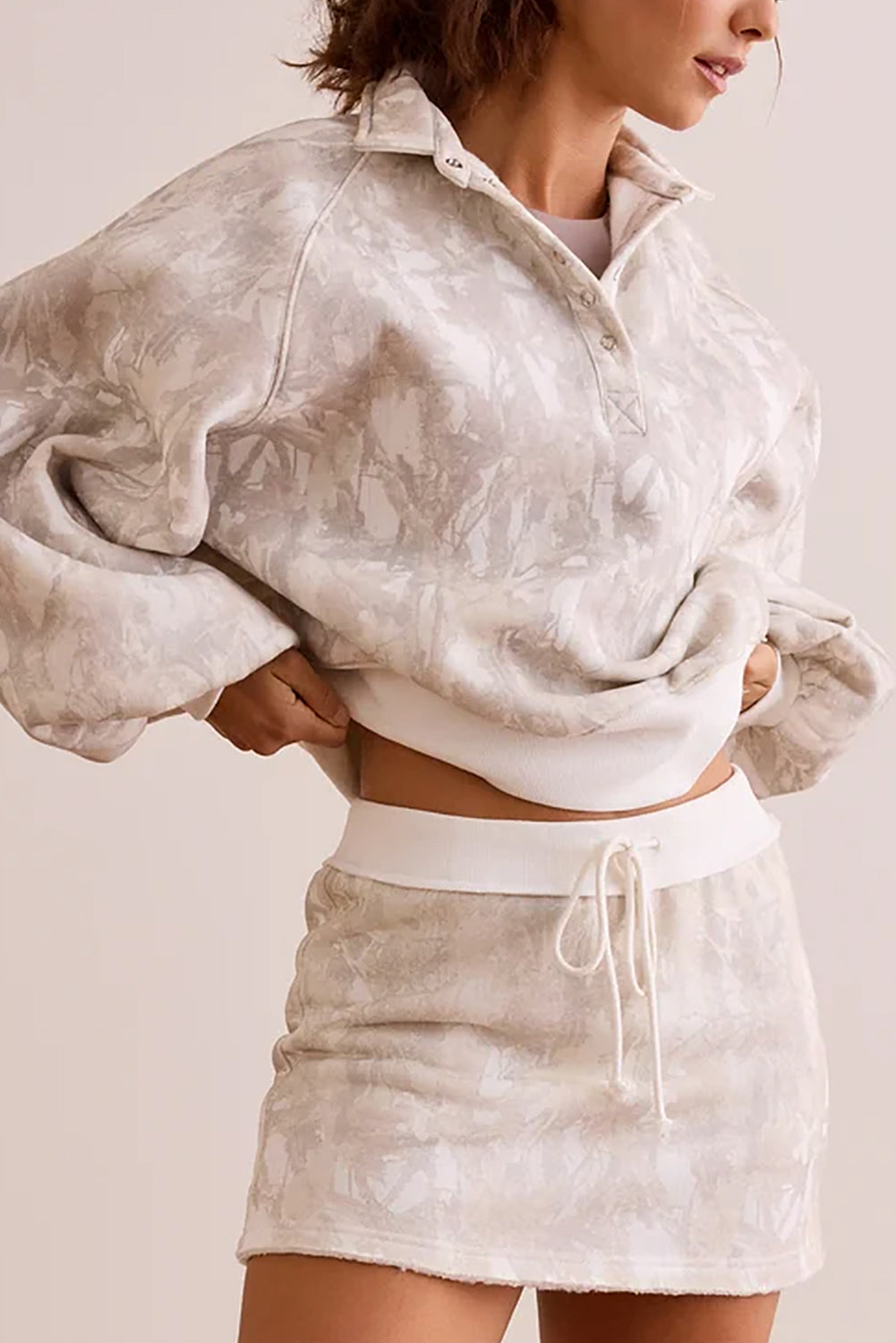 White Abstract Woodland Print Balloon Sleeve Pullover Drawstring Mini Skort Set White 100%Polyester 905d37d3d09bab63