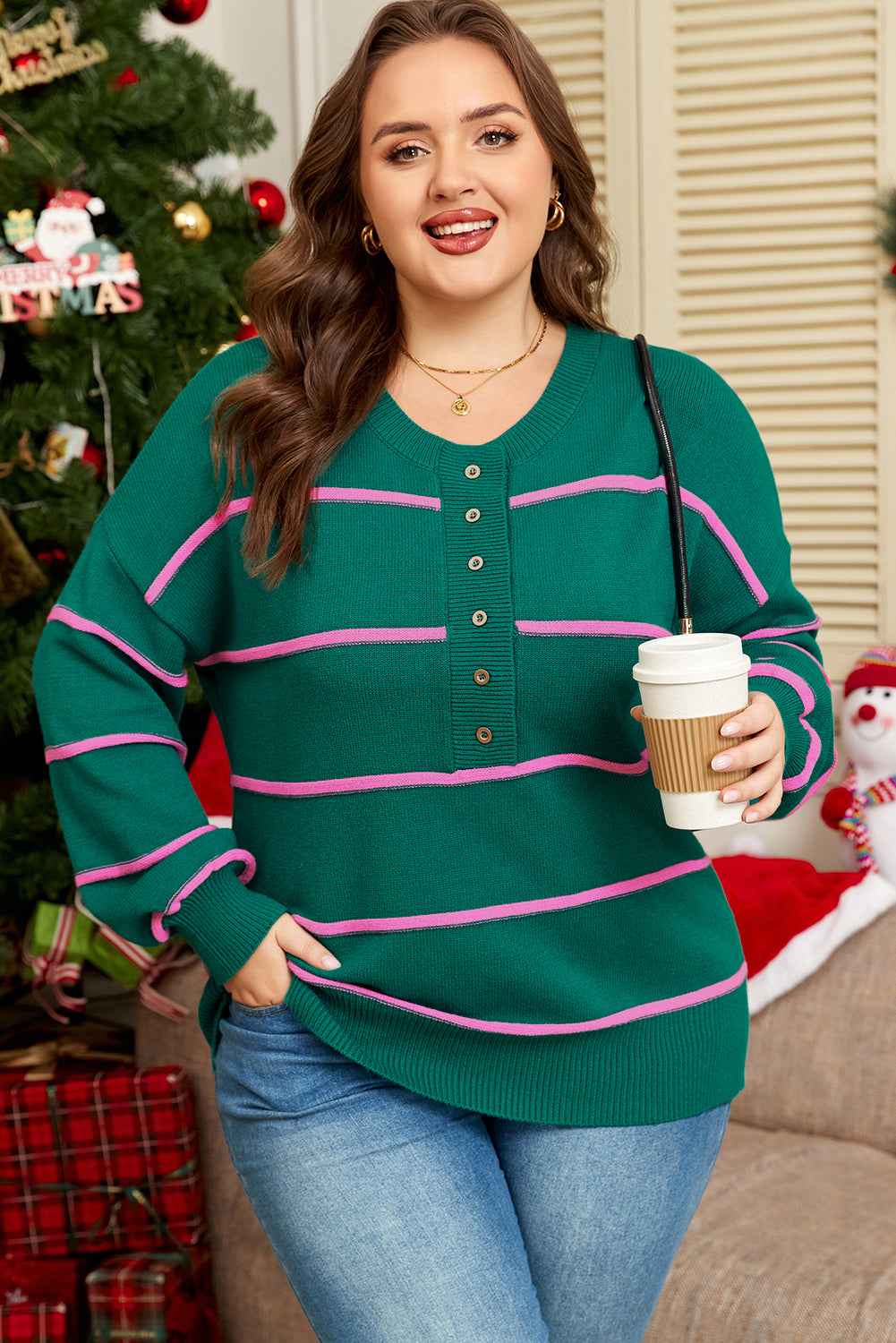 Green Stripe Half Buttons Drop Shoulder Plus Size Sweater Green Stripe 52%Viscose+26%Polyester+22%Polyamide 905e92f26070e4eb
