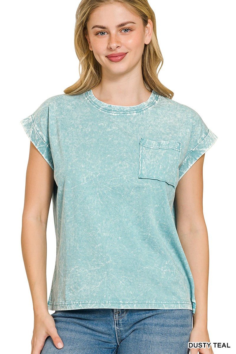 Zenana Full Size Crinkle Washed Round Neck Folded Short Sleeve Tee Plus Size DUSTY TEAL 906178b8f50340ce948ecd1cbf58a906-Max