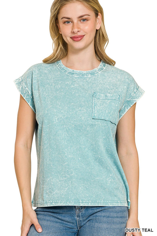 Zenana Full Size Crinkle Washed Round Neck Folded Short Sleeve Tee Plus Size DUSTY TEAL 906178b8f50340ce948ecd1cbf58a906-Max