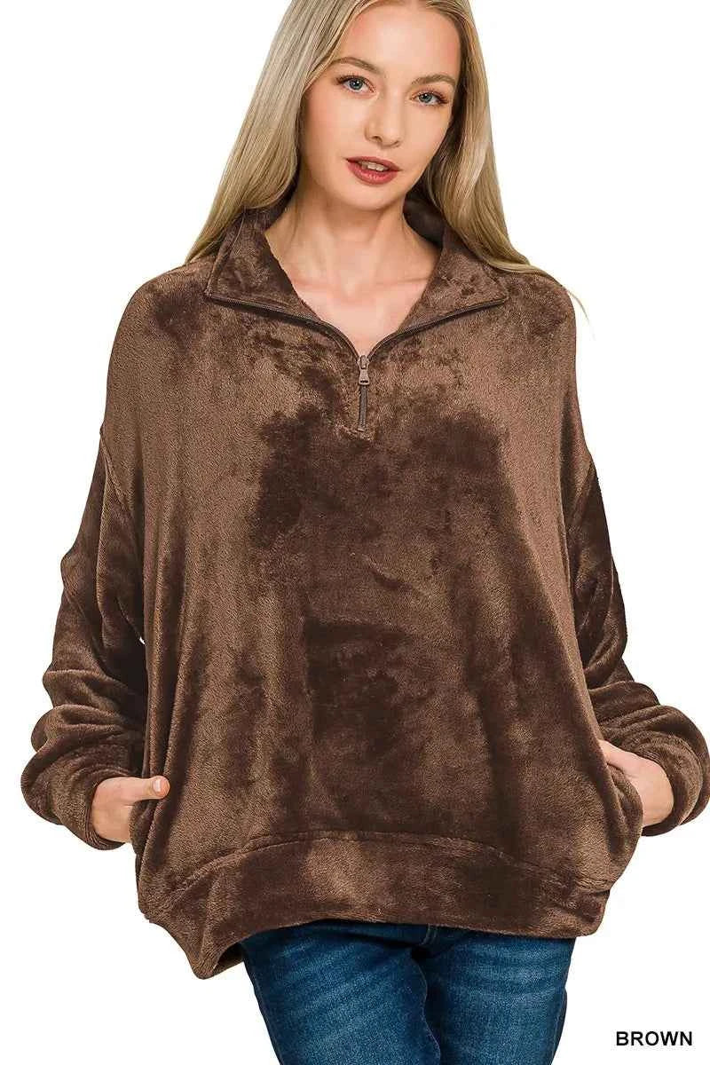 Zenana Faux Fur Half Zip Pocket Pullover BROWN 9062a3be8a3d4e43a7fba6aad30027ee-Max-Origin