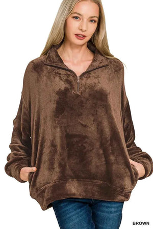 Faux Fur Half Zip Pocket Pullover BROWN 9062a3be8a3d4e43a7fba6aad30027ee-Max-Origin