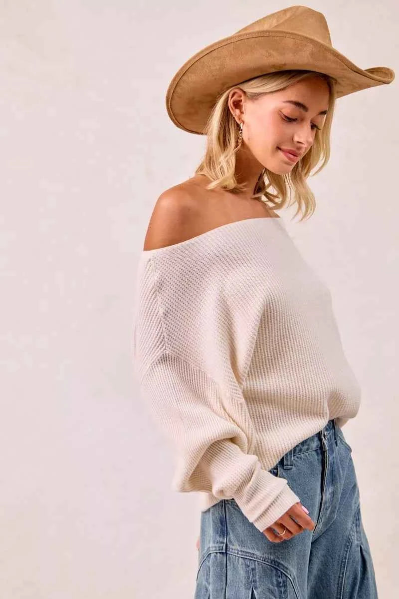 BiBi Waffle Knit Off Shoulder Top 90641f1abe6543cb8aa77b9fa656f62e-Max-Origin