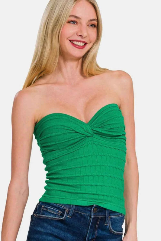 Zenana Ruched Twisted Sweetheart Neck Top Green 906e9086-57c6-42e5-bb44-661d435345d6-Max