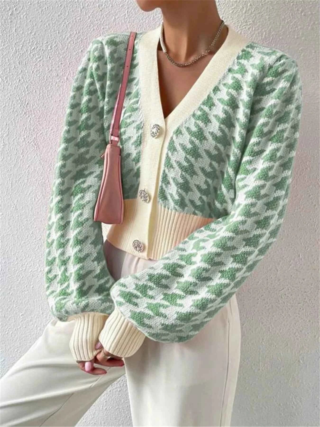 Houndstooth V-Neck Button Up Cardigan Gum Leaf 9072fc9a52b245709a409b320888545f-Max-Origin