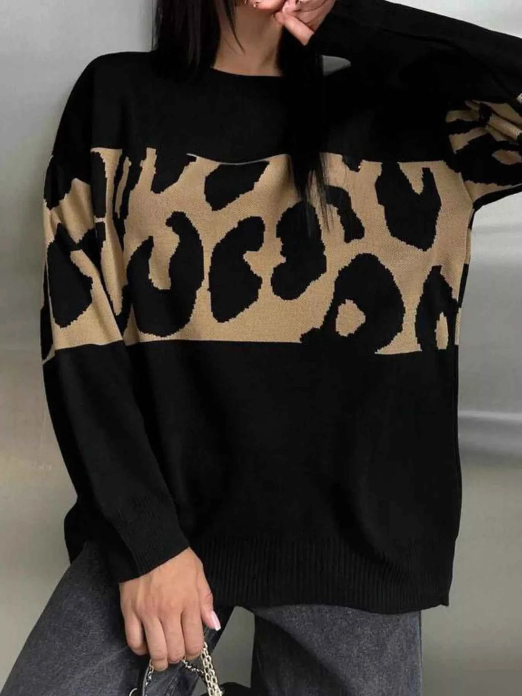 Leopard Color Block Round Neck Sweater 907a66c1-213f-4a86-8f6b-e358ade8eb9d-Max-Origin
