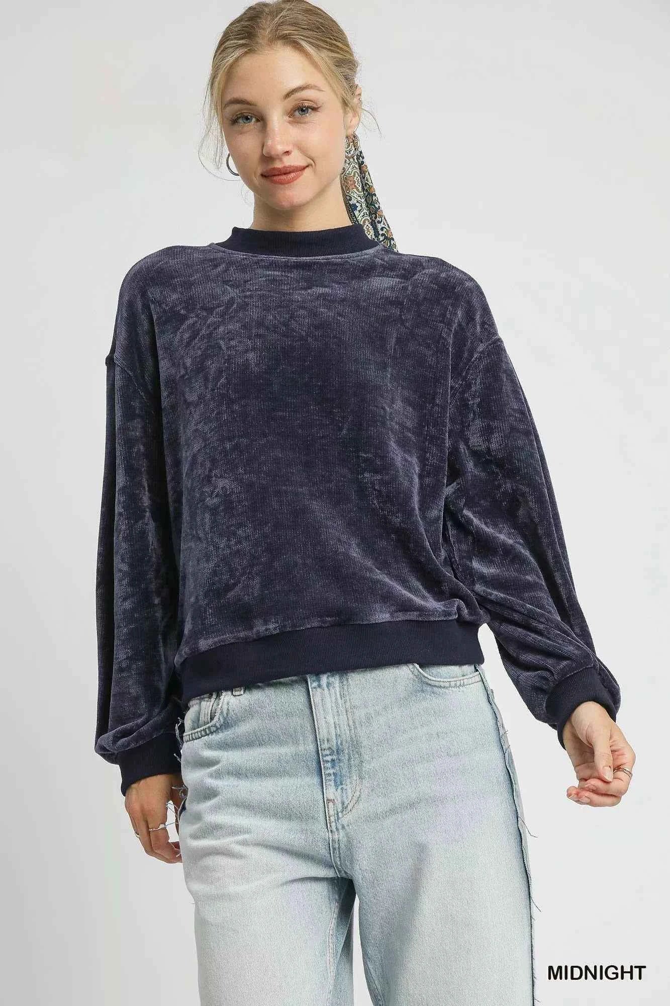 Umgee Velour Crewneck Balloon Sleeve Sweatshirt MIDNIGHT 907b1c6d-fc9e-4c38-bc1a-4fc7d70f75e7-Max-Origin