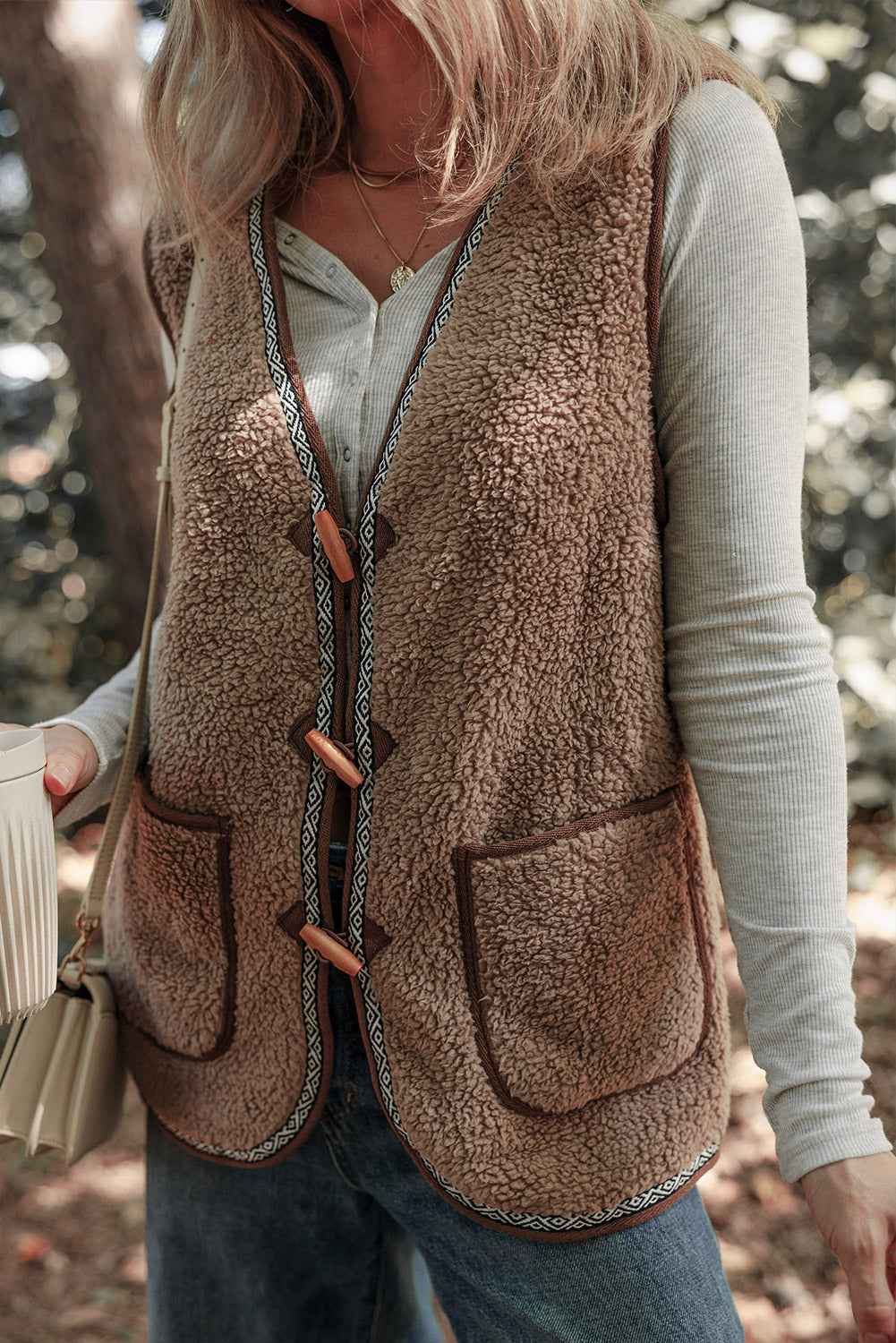 Dark Khaki Sherpa Contrast Trim Patch Pocket Cartridge Toggle Button Vest 907d376be8cb151a