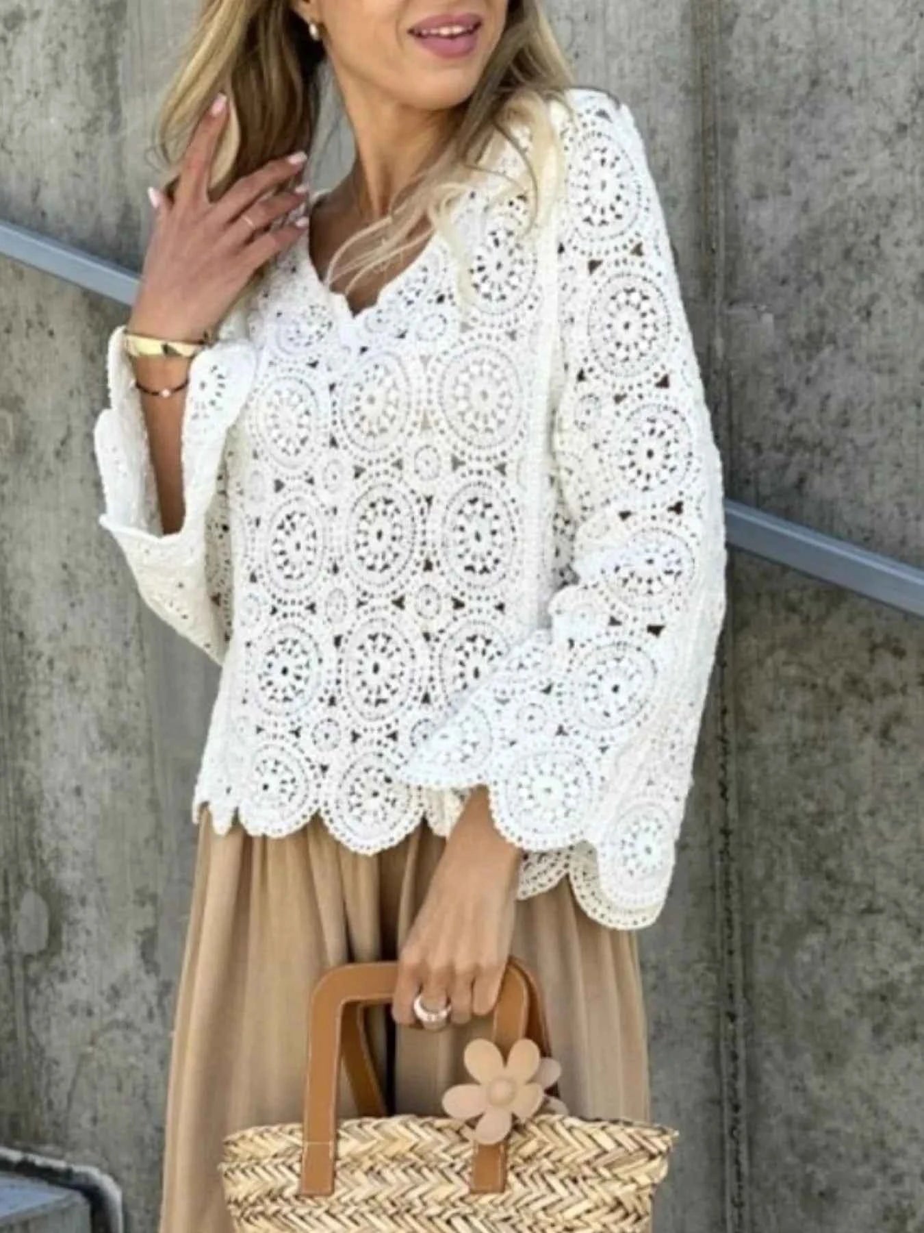 Crochet Lace V-Neck Bell Sleeve Knit Top 907ef635-3080-46df-959b-b9ac5e8bb983-Max-Origin