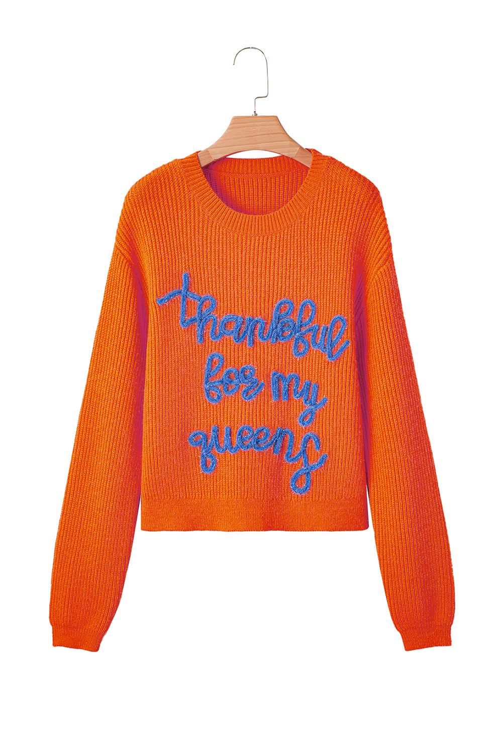 Vitality Orange Thankful for my queens Ribbed Knit Drop Shoulder Graphic Sweater 907f351bb32c2ef7