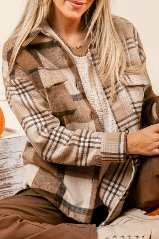 Light French Beige Flannel Plaid Patchwork Shacket Light French Beige 100%Polyester 9082af012bd1ea23