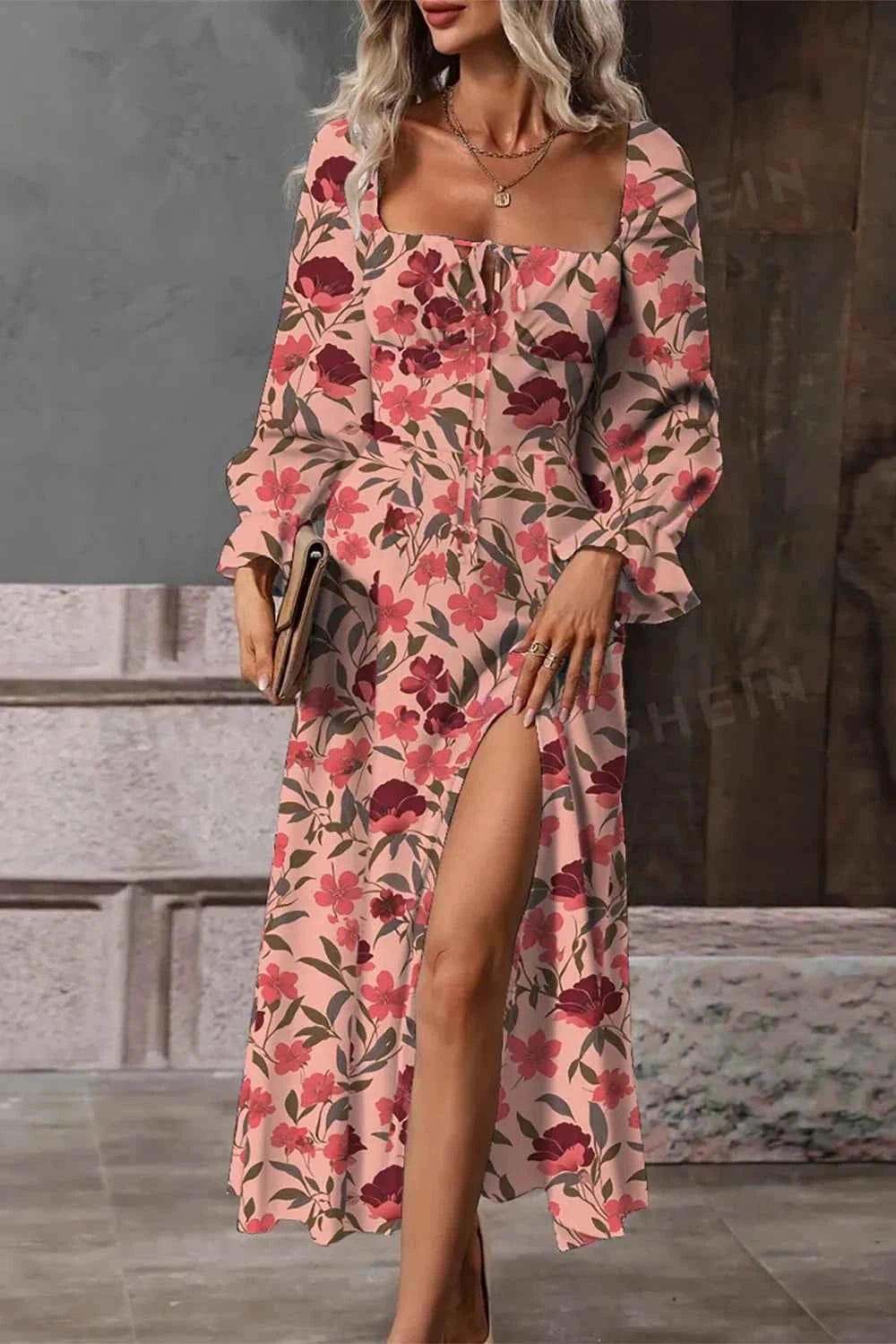 Floral Print Flounce Sleeve Midi Dress Dusty Pink 9087540e-273a-4bc7-a7f0-cda529a23ef6-Max-Origin