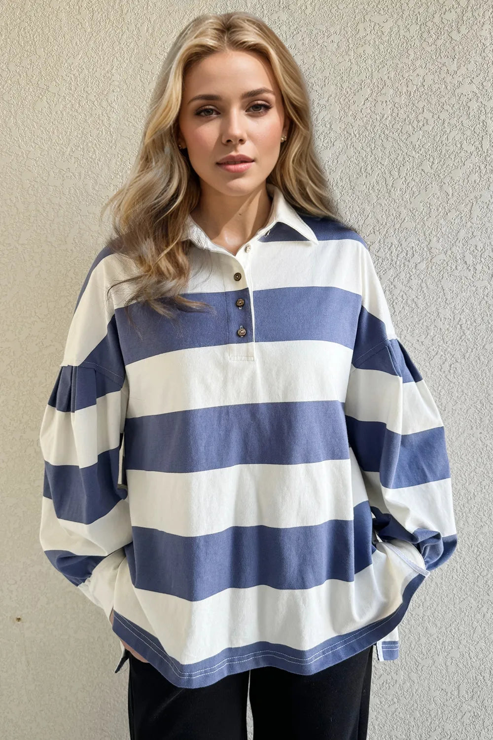 Oh Pima Cotton Wash Wide Striped Collared Neck Long Sleeve Top Dusty Blue 9087d661-ed15-44ae-aa04-01cc94c5a94a-Max