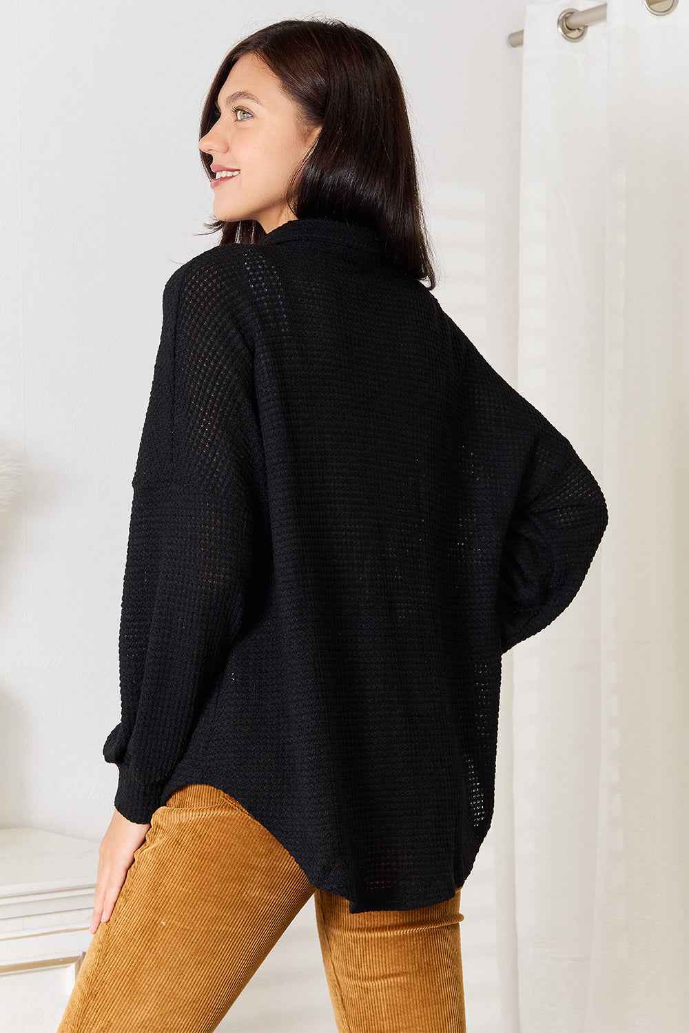 Double Take Waffle-Knit Collared Neck Dropped Shoulder Shirt 9087ecefaec04fd4bb42056d92a954f8-Max