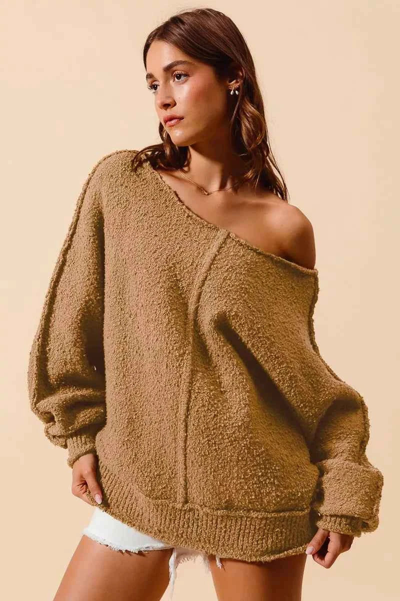 SO ME Loose Fit Exposed Seam Slouchy Boucle Sweater 908cccd038f74584a60e4dffb9825406-Max-Origin