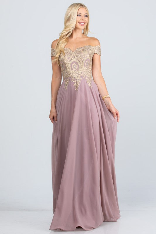 Off Shoulder Evening Gown – Gold Lace Appliqué Chiffon Dress for Women 908d2cfe-47bd-434c-a7a8-31680c1987b2