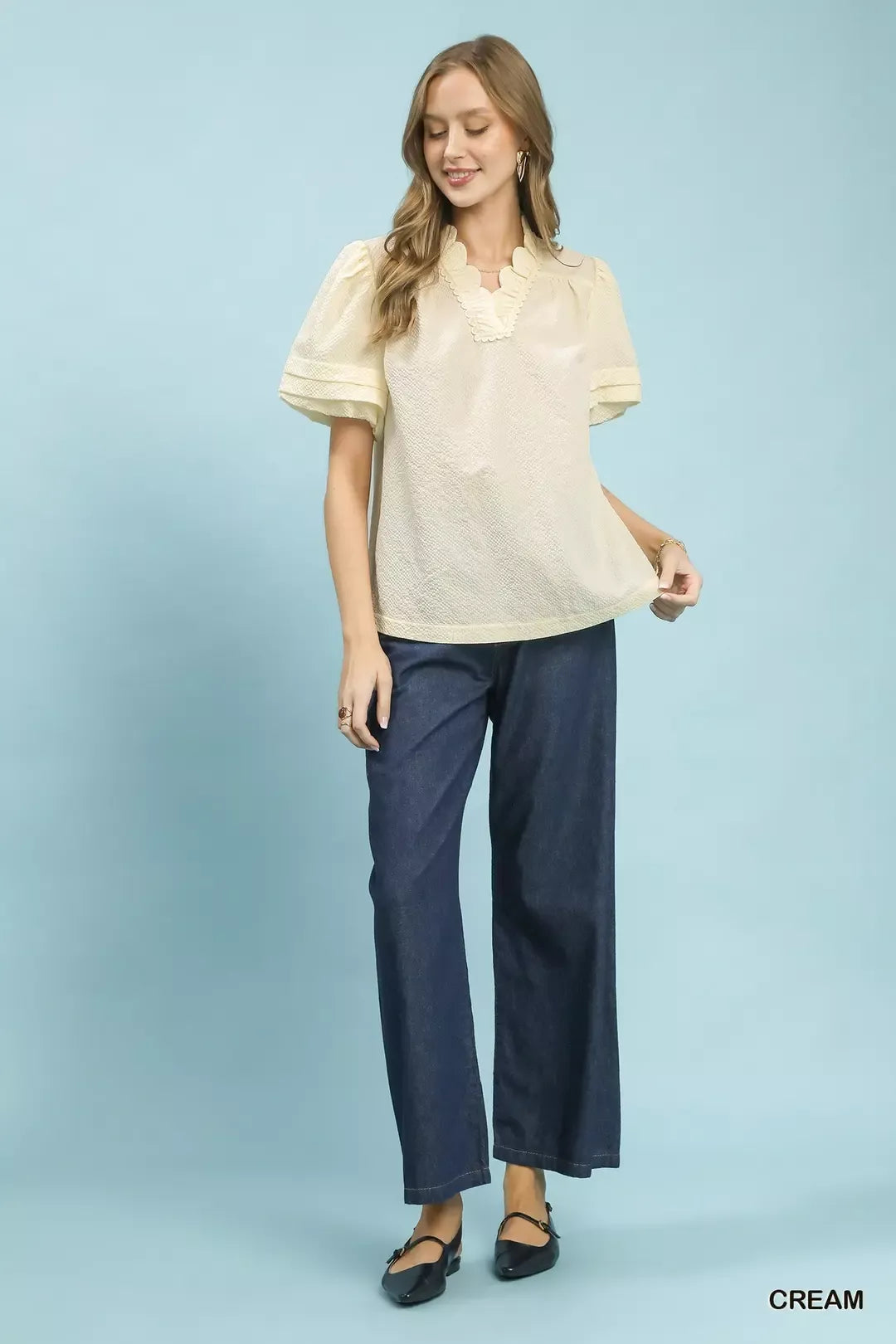 Umgee Textured Scallop Trim Puff Sleeve Blouse 909217ac-466c-4b6c-a840-a25b63947a00-Max-Origin