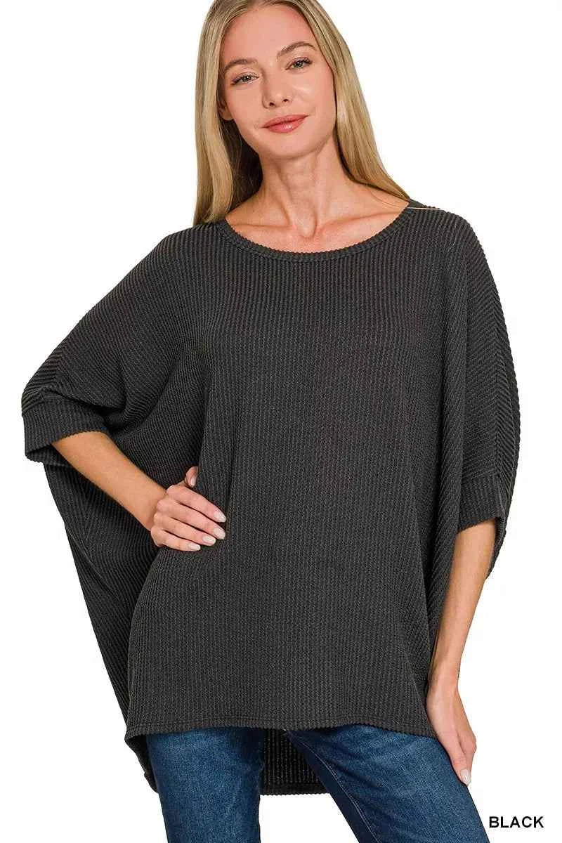 Zenana Raised Rib Bat Sleeve Top BLACK 90954cf3c10d406db1a573ce08473bb5-Max-Origin