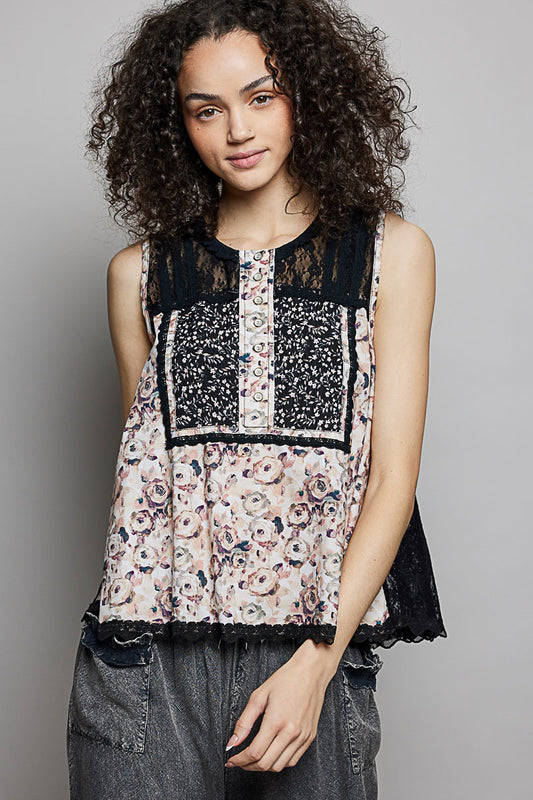 POL Printed Woven Lace Back Round Neck Sleeveless Top 9096f2f6-ee39-4fbd-b720-13cca20e6b08-Max