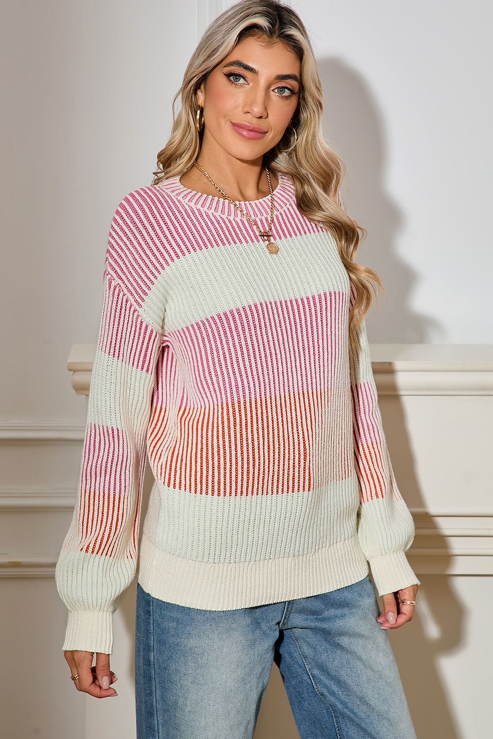 Pink Colorblock Lantern Sleeve Rib Knitted Sweater 90974cd1a8f662bf