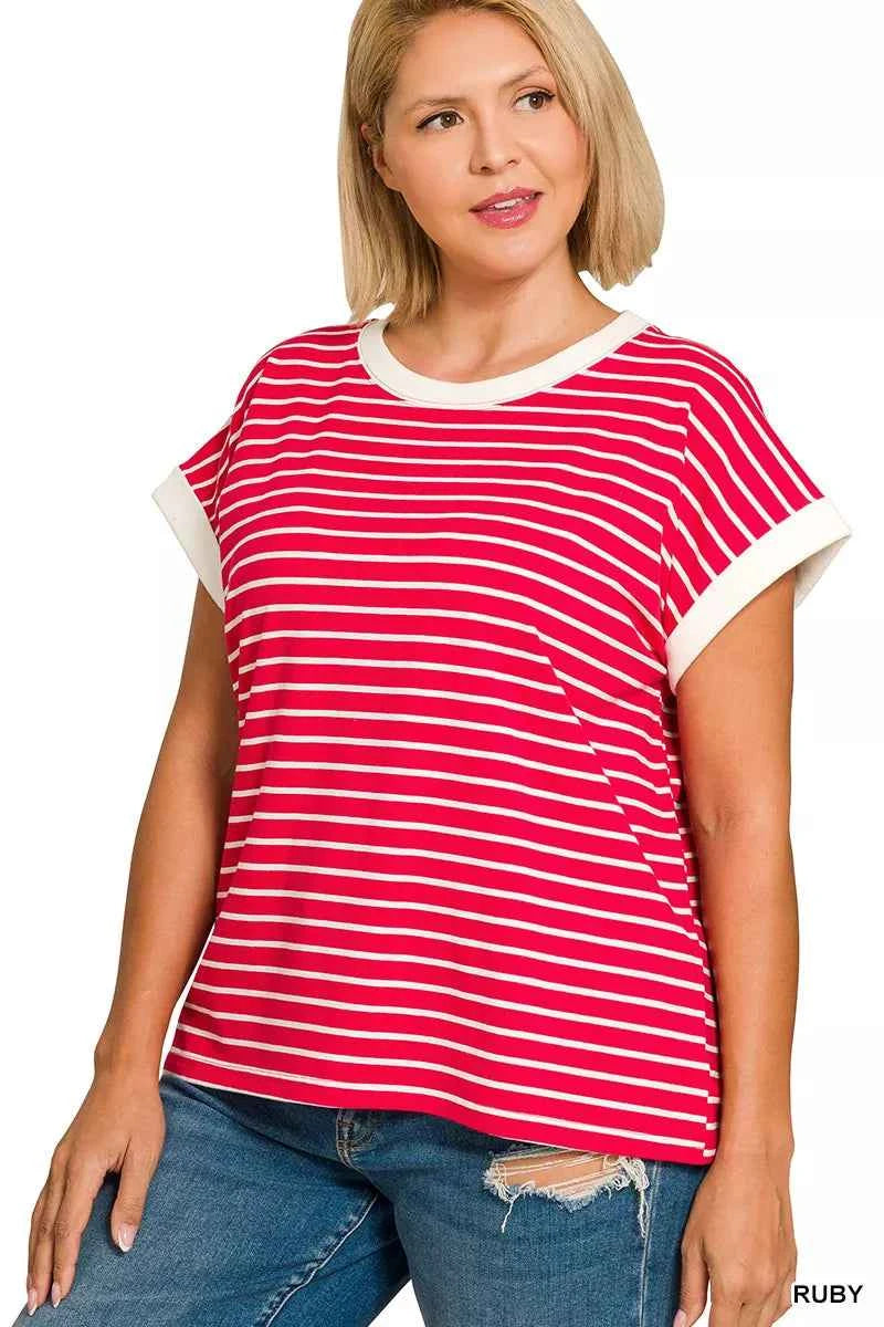 Zenana Full Size Contrast Trim Cap Sleeve Stripe Tee Plus Size 909a47db-b076-40d9-915f-38f842c3ff96-Max-Origin