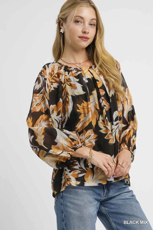 Autumn Leaf Print Balloon Sleeve Blouse 909af3bc-2edb-461c-99c5-8ae674232b31-Max-Origin