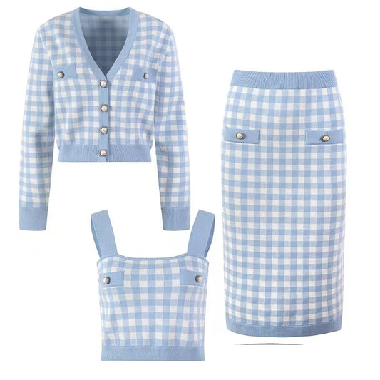 Plaid Wool-Blend 3-Piece Knit Set