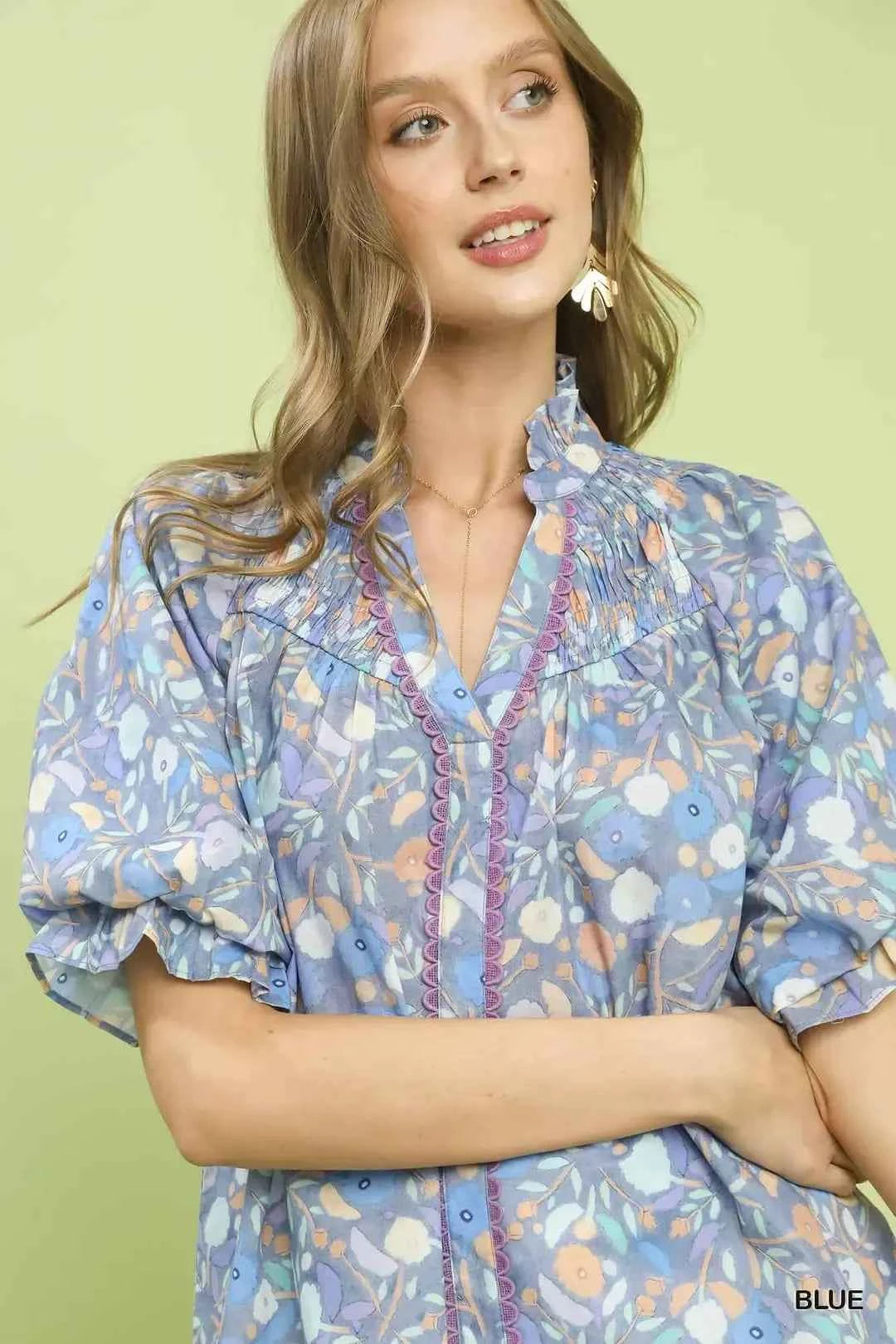 Umgee Smocked Floral Ruffle Trim Top 90a05948-3786-4cb3-8a7b-5df8ee9be757-Max-Origin