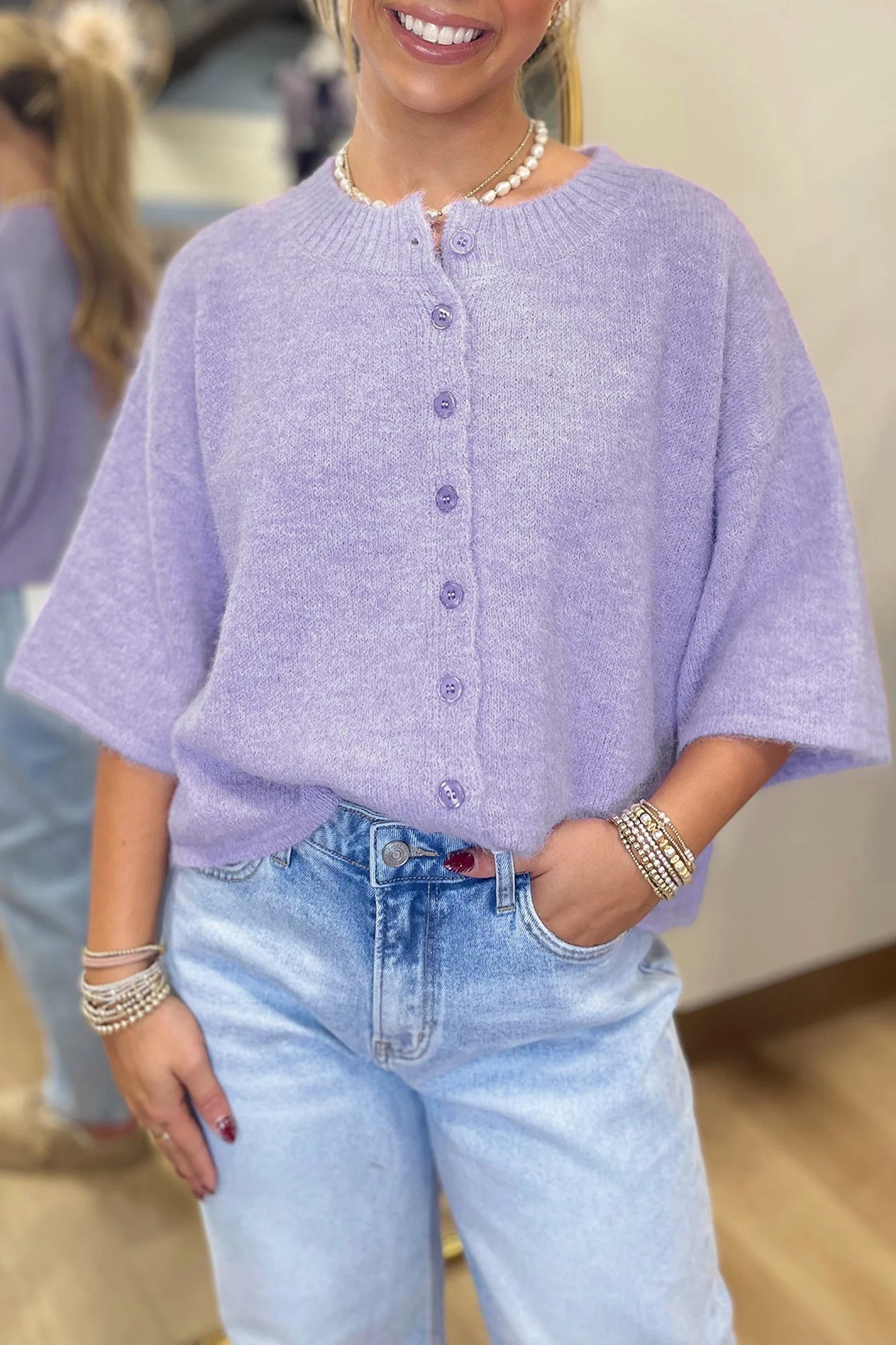 Lavendula 3/4 Sleeve Boxy Knit Button Down Sweater Cardigan Lavendula 42%Acrylic+30%Polyester+28%Polyamide 90a1c19e76d053ee