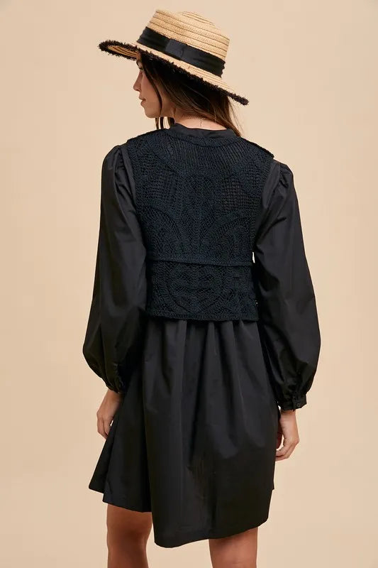 Annie Wear Crochet Vest Notched Long Sleeve Shirt Dress 90a6a738-5026-4350-a097-d099586407aa-Max
