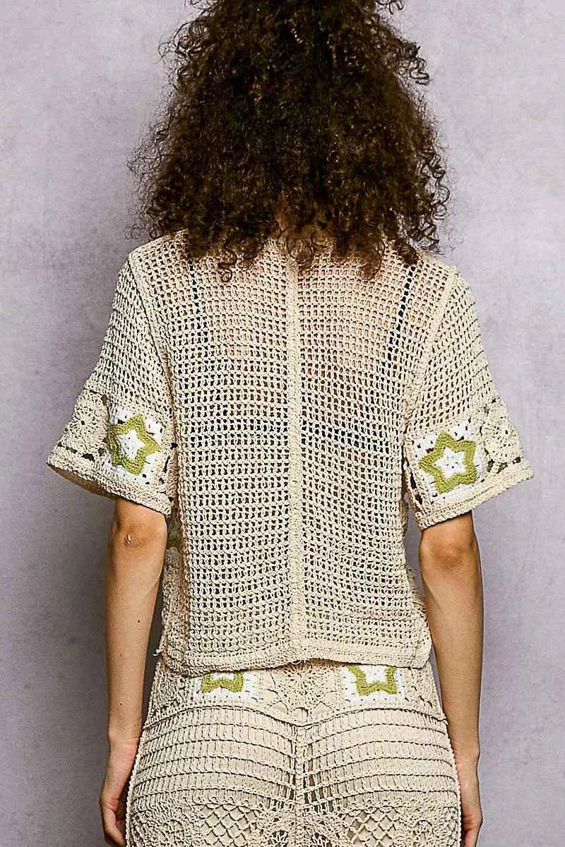 POL Button Front V-Neck Crochet Cardigan with Contast Star 90abf9ed-6093-4072-b4b6-e41f7f8814ec-Max-Origin