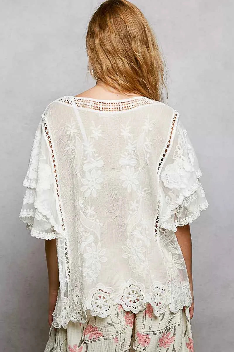 POL Floral Crochet V-Neck Short Sleeve Blouse with Scalloped Hem 90ac0245-b986-4eba-89ba-dc990502d9da-Max-Origin