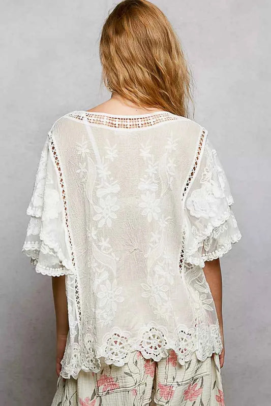 Floral Crochet V-Neck Short Sleeve Blouse with Scalloped Hem 90ac0245-b986-4eba-89ba-dc990502d9da-Max-Origin