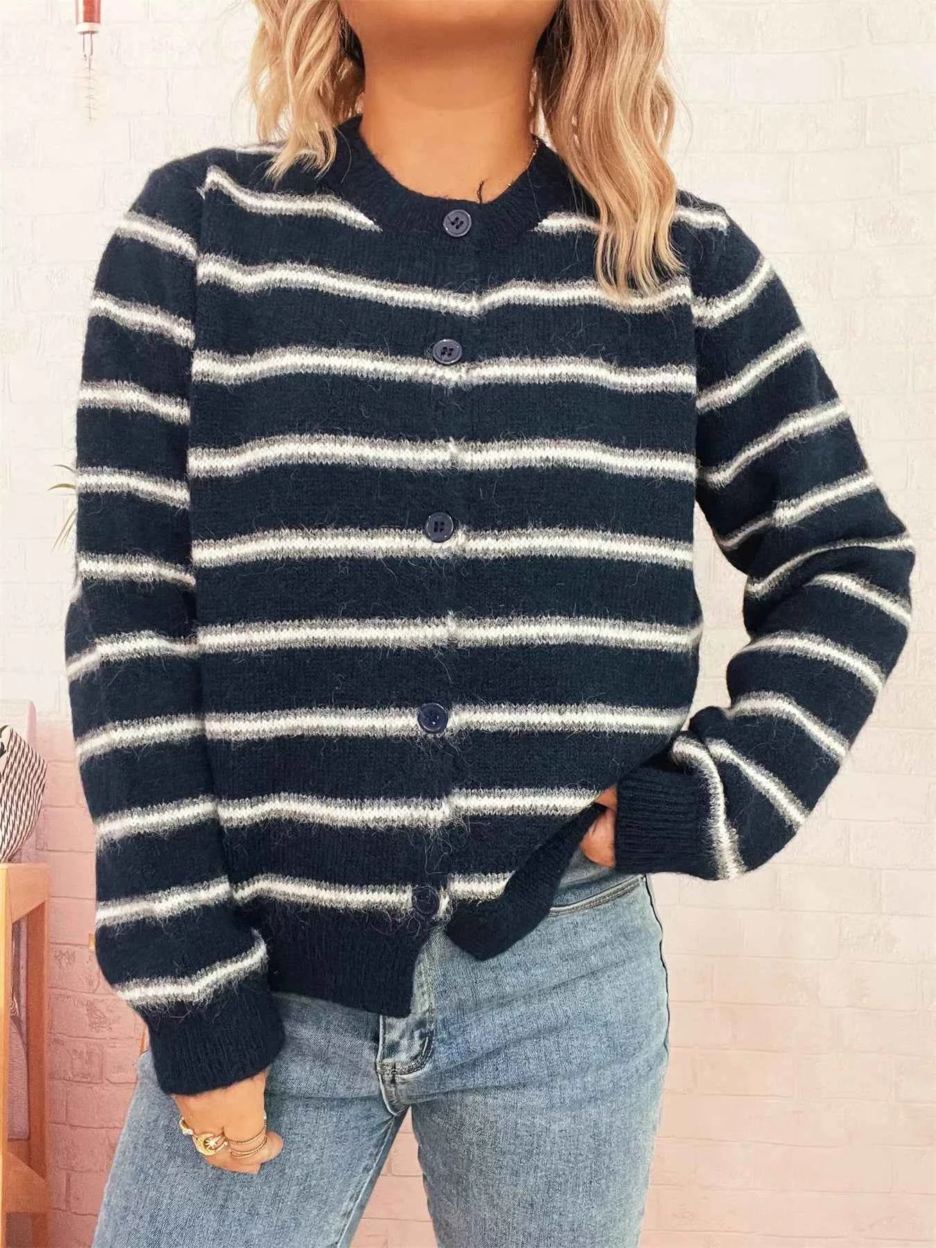 Striped Button-Up Long Sleeve Cardigan Navy One Size 90af01a7bfe74122bfb1000a14601623-Max-Origin