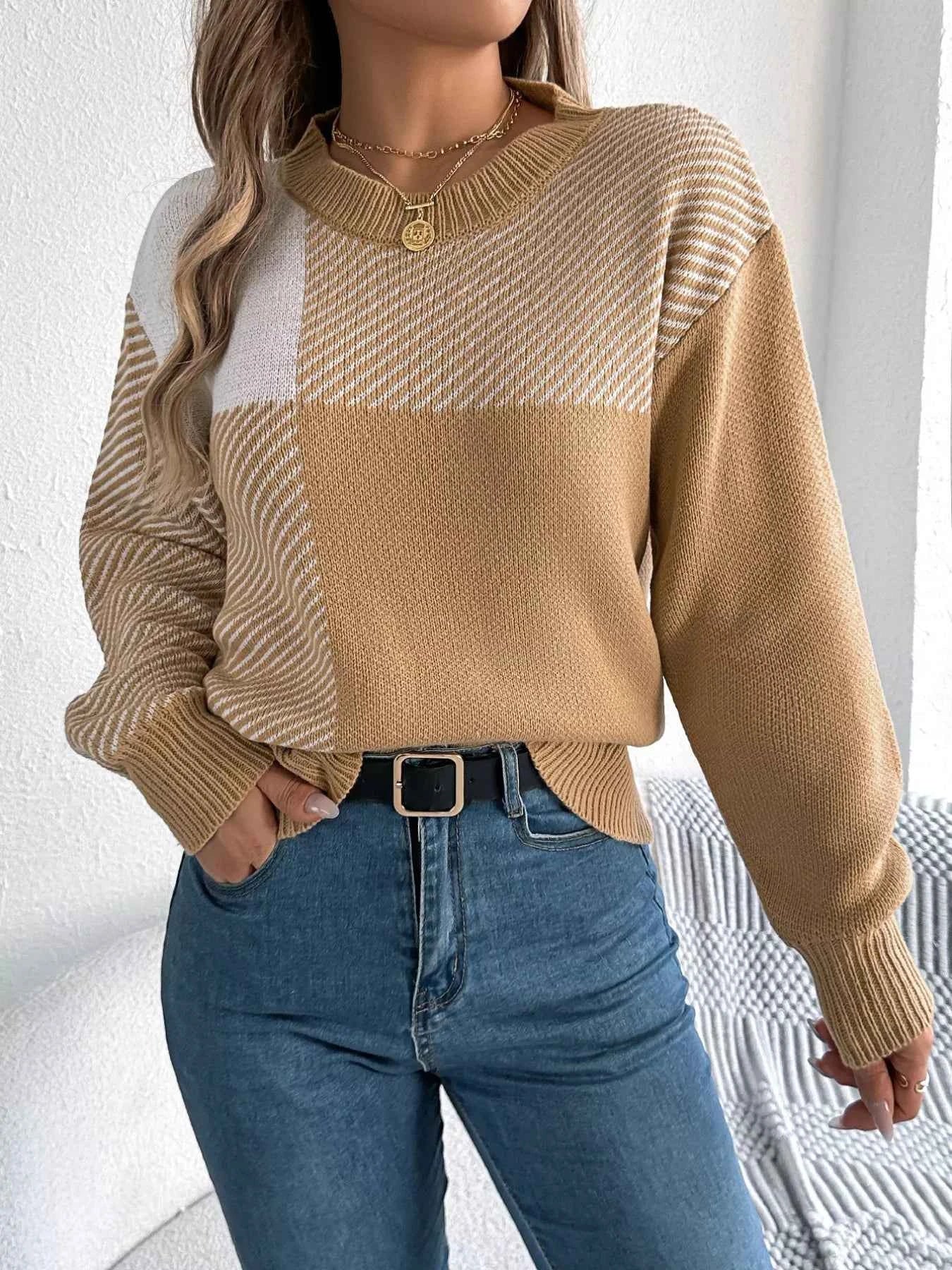 Color Block Striped Round Neck Sweater 90b08f29-da6c-4dda-aa79-1607d099668a-Max-Origin