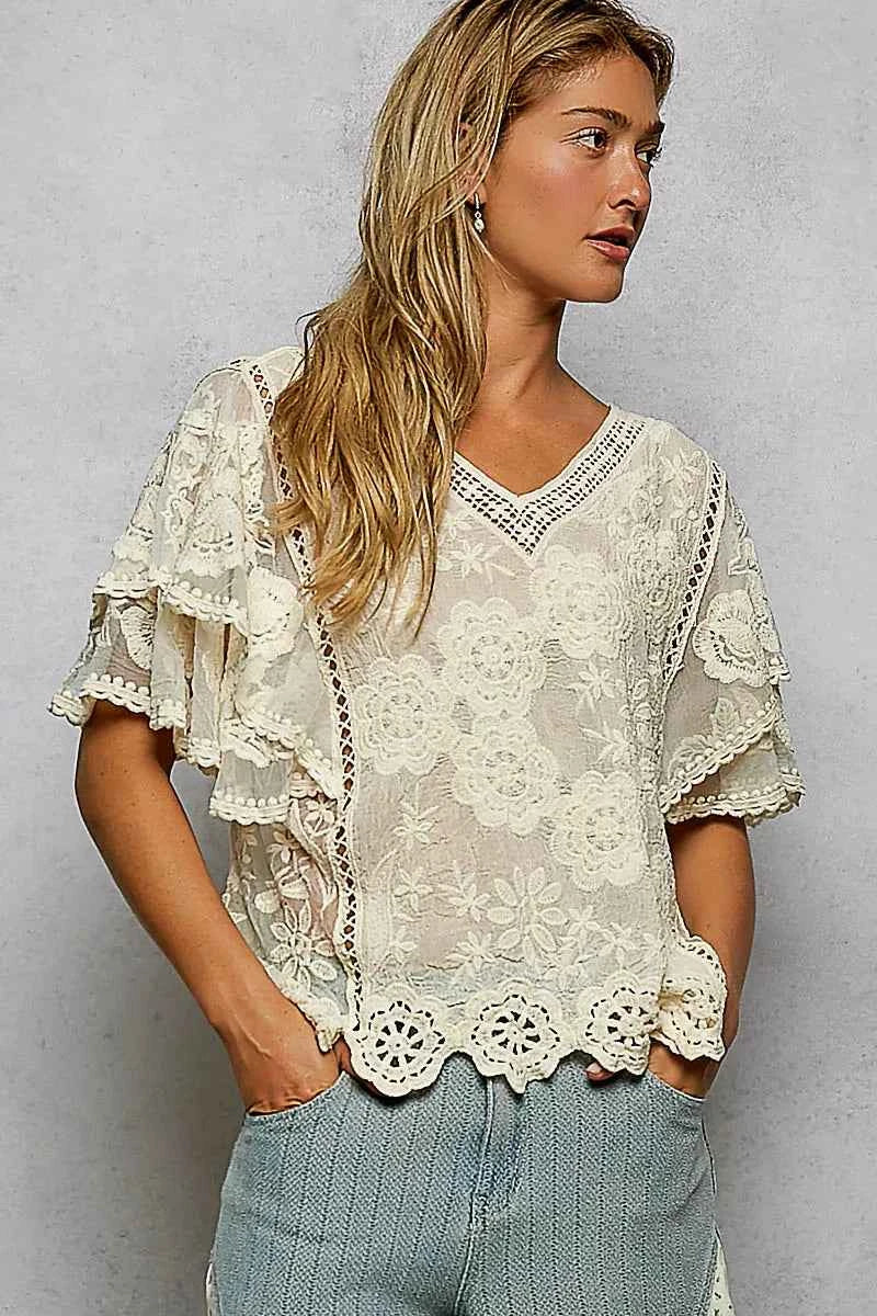 POL Floral Crochet V-Neck Short Sleeve Blouse with Scalloped Hem 90b2644a-768d-46f9-a2a8-63214182ff5a-Max-Origin