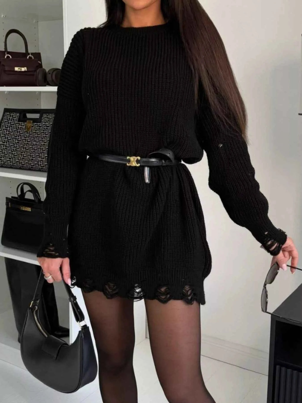 Distressed Round Neck Drop Shoulder Sweater Dress Black 90b5acc3-cf8f-4b63-9fb5-fb461c70bdf2-Max-Origin