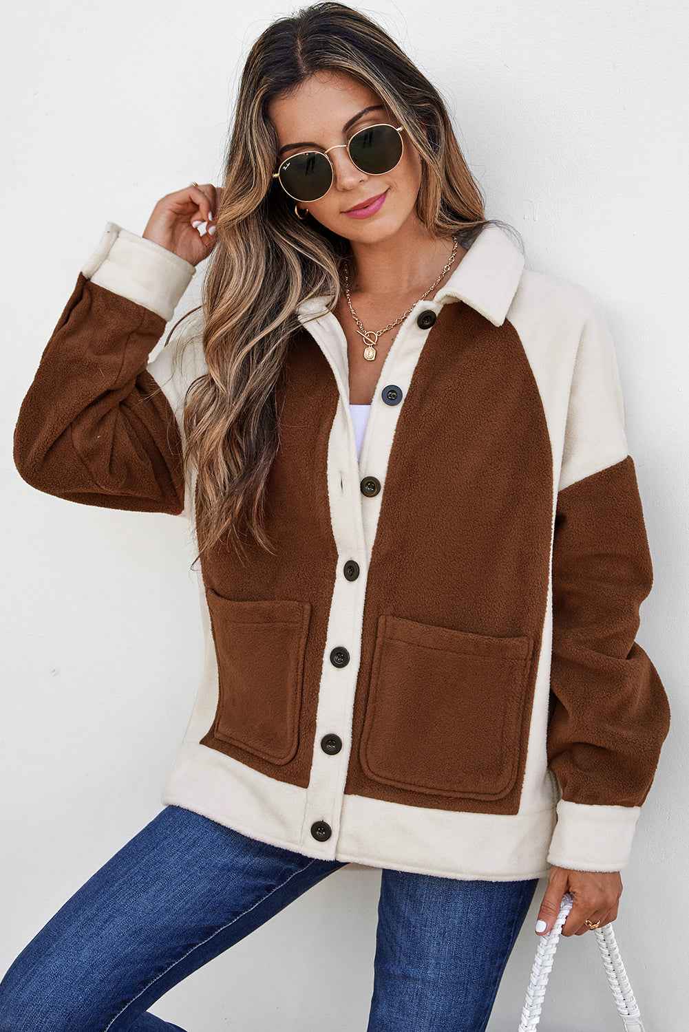 Brown Color Block Patchwork Button Down Fleece Shacket 90b7ea286ce4f3e9
