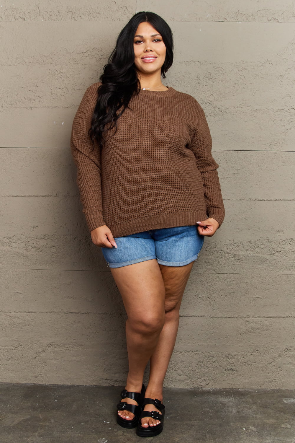 Zenana Breezy Days Plus Size High Low Waffle Knit Sweater 90bae3de634b4796b6bb5f717c233102-Max