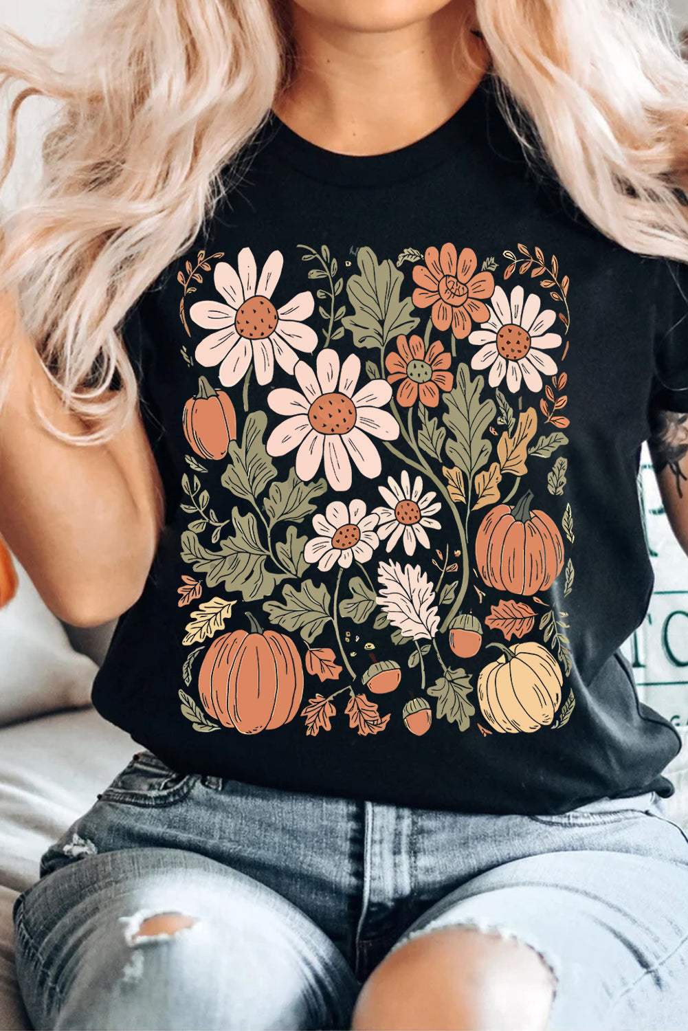 Black Wild Flower Pumpkin Heat Transfer Printing T Shirt 90bd84cc1c3028ce