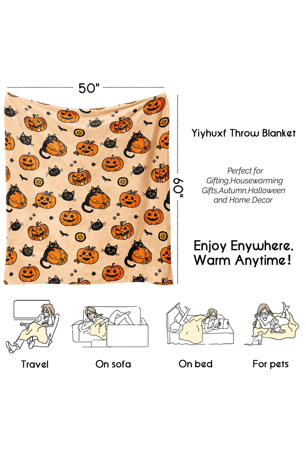 Russet Orange Halloween Pumpkin Print Fleece Blanket 90be064fd764d6b5