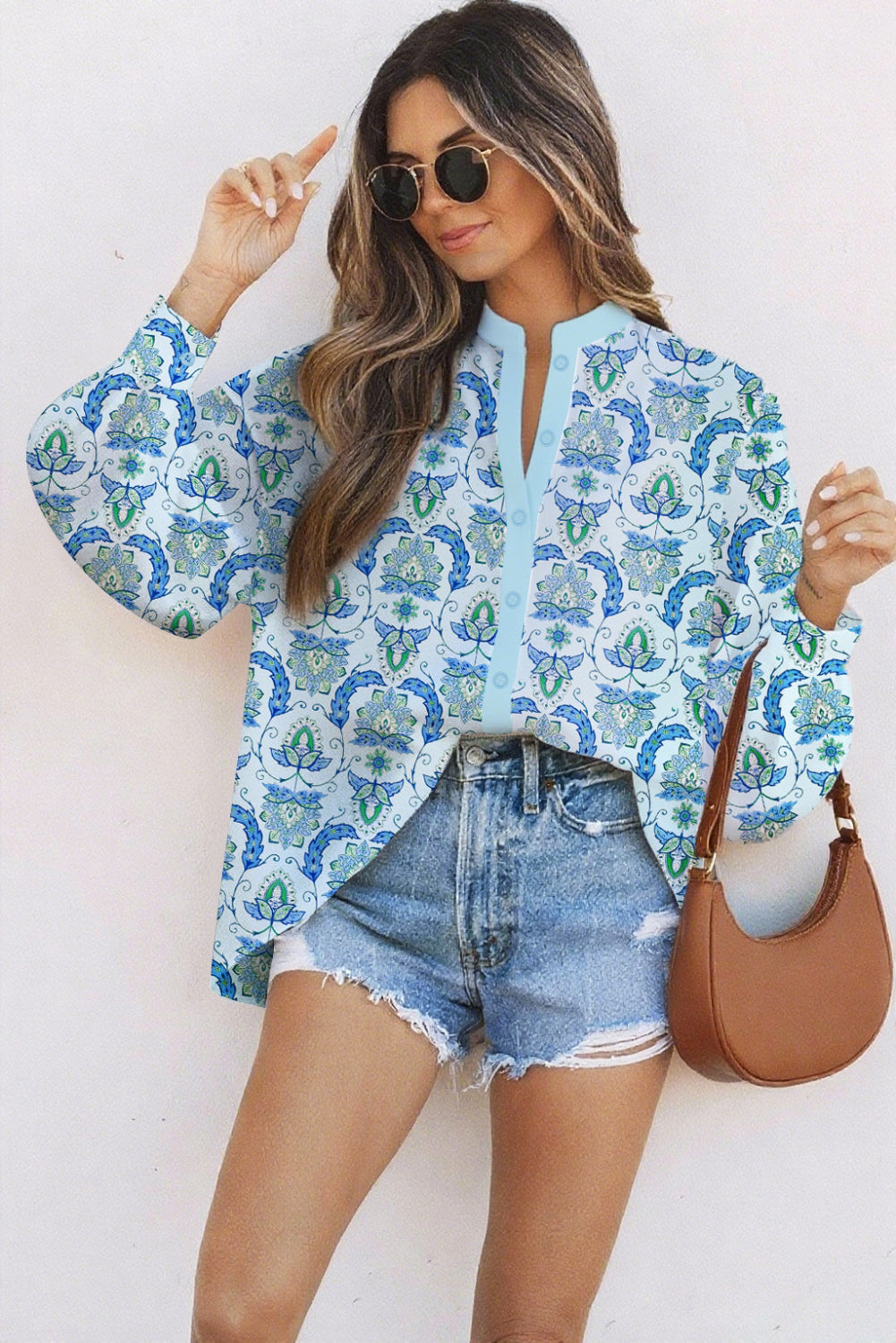 Sky Blue Paisley Button V Neck Long Sleeve Shirt 90bf43ea27f9f69f