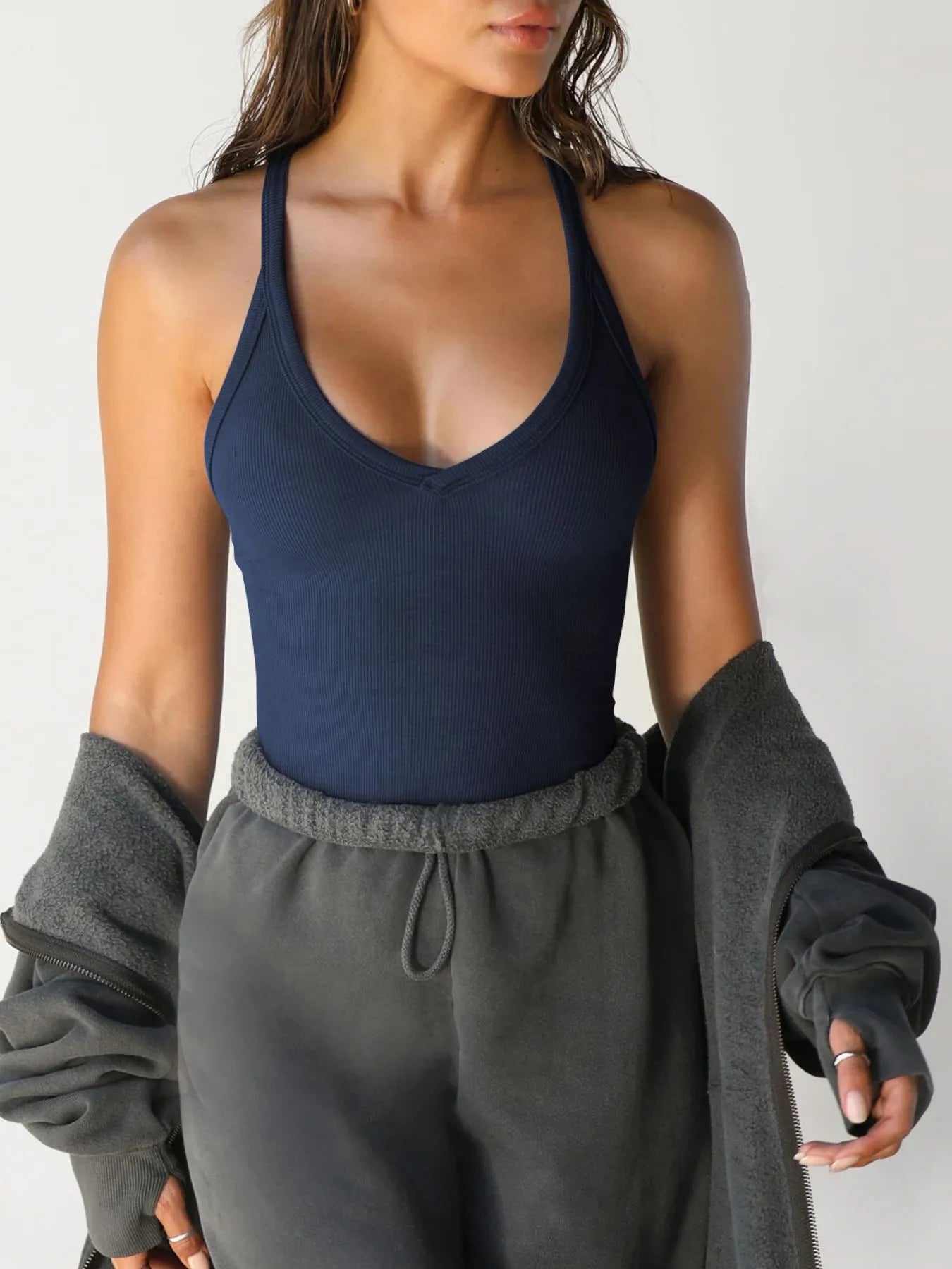 Ribbed V-Neck Halter Tank Top Dark Navy 90c4d066-a86c-4507-b87d-8ac2b7573350-Max-Origin