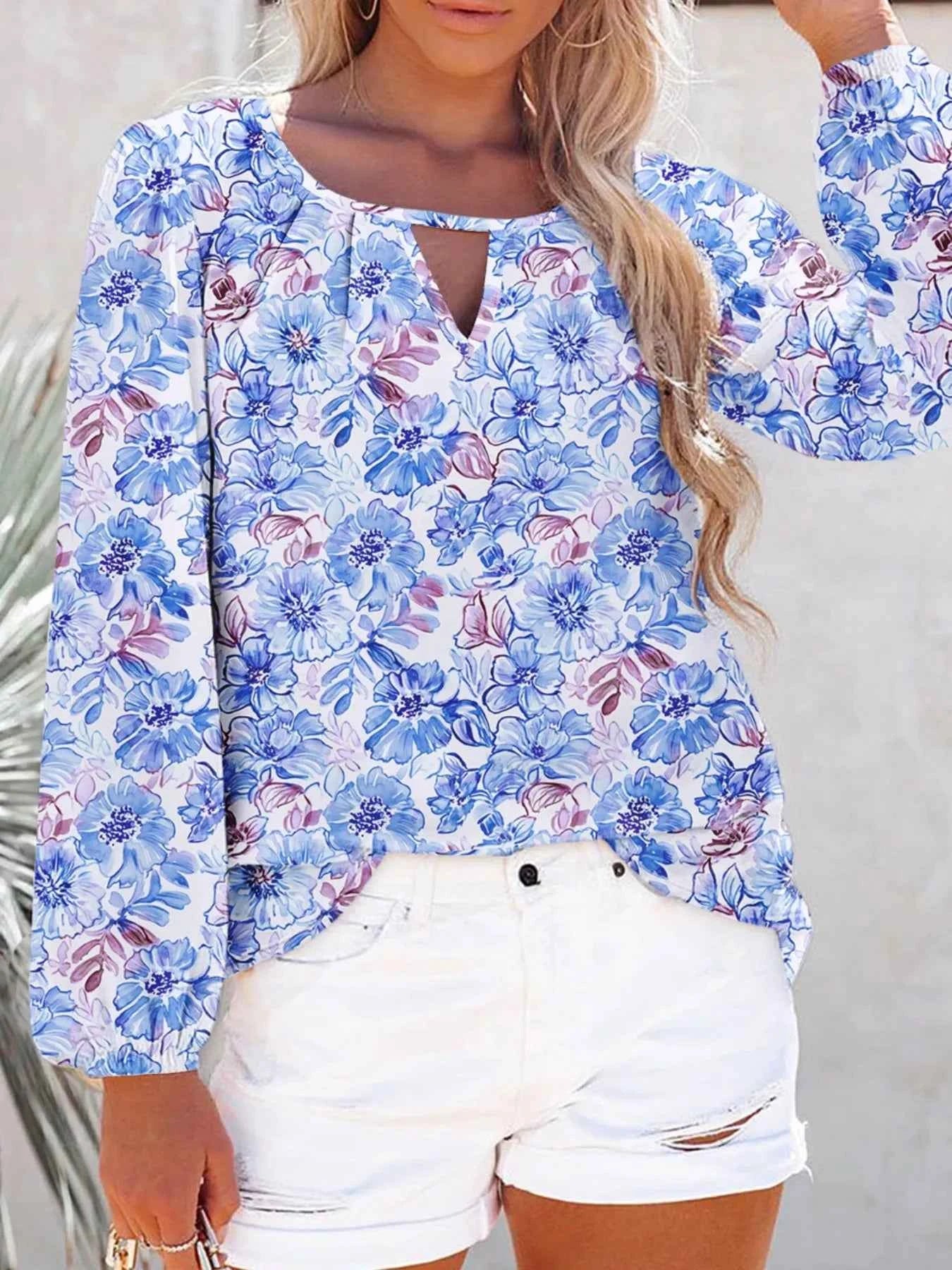Floral Print Keyhole Neck Blouse Light Blue 90c6f831629a4657ba13fefd9ea91209-Max-Origin