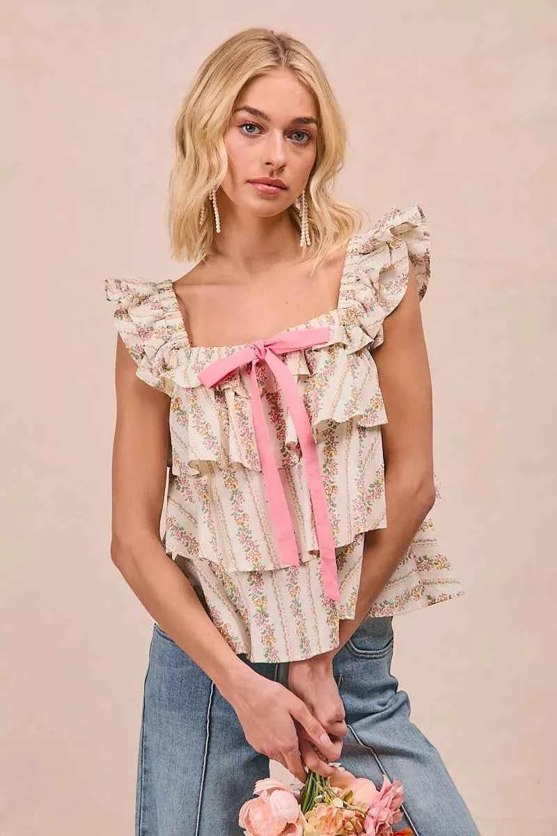 BiBi Floral Printed Woven Front Bow Tied Ruffled Square Neck Sleeveless Top 90caf7be41454f01945de40f21efa2fa-Max-Origin