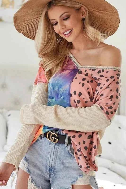 BiBi Print Block V Neck Top with Contrast Stitching 90cafa9e40b1445b91a8c97f7aba8e37-Max-Origin